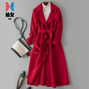 Áo len cashmere hai mặt lớn màu đỏ nữ dài 2018 mới qua đầu gối eo mùa thu và áo khoác len mùa đông - Trung bình và dài Coat
