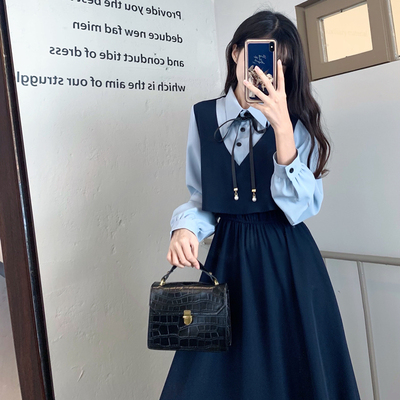 taobao agent Set, autumn retro dress, design long skirt, plus size, French retro style, trend of season, bright catchy style, fitted