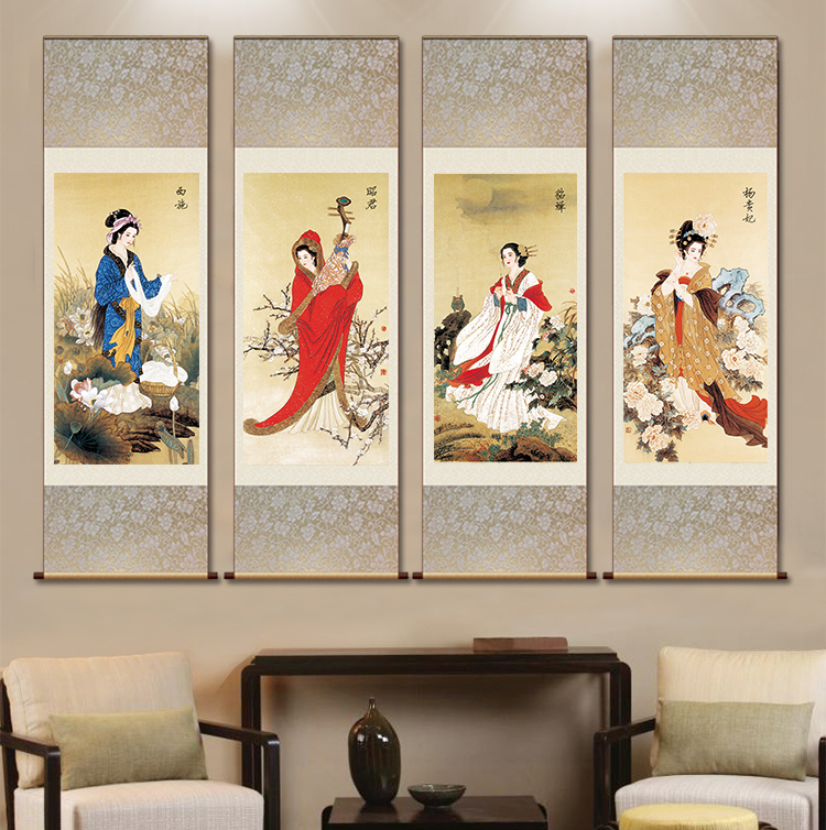 中国古代四大美女人物挂画中式客厅书房装饰画茶楼丝绸卷轴画壁画