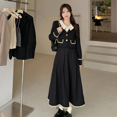 taobao agent Black retro pleated skirt, set, short demi-season autumn suit, French retro style, plus size