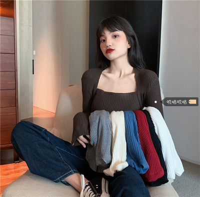 taobao agent Demi-season long-sleeve, knitted sweater, plus size, western style, 2023 collection, long sleeve, square neckline