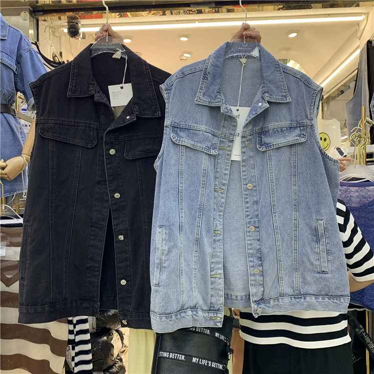 Áo vest denim dài ngang ngực một bên đơn giản cho phụ nữ mùa thu 2020 phiên bản Hàn Quốc của xu hướng áo ghi lê rộng rãi và linh hoạt phong cách Harajuku - Áo vest