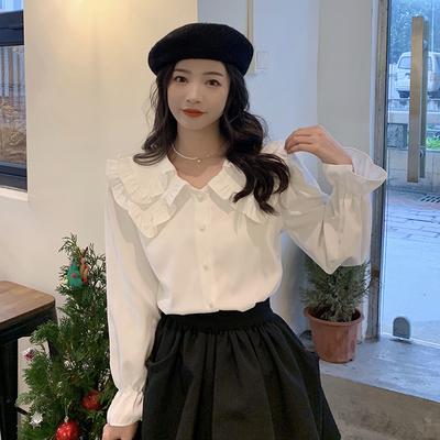 taobao agent Autumn white doll, sexy top, plus size, french style, doll collar