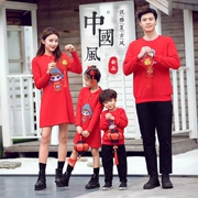 Quần áo mùa thu cha mẹ trẻ em 2018 sóng mới phong cách Trung Quốc đỏ cộng với áo len nhung cải tiến Tang phù hợp trang trí nhà sườn xám