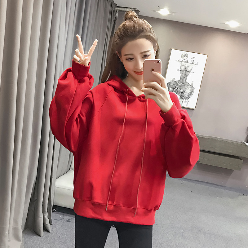 2017秋装新款韩版潮学生大码宽松bf灯笼大袖子套头连帽红色卫衣女