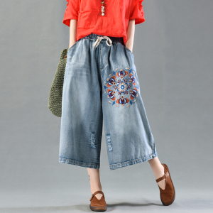 Vườn công viên, quần áo quốc gia, thêu Jeans, mùa hè của phụ nữ, thời trang, lỗ, mỏng, quần chân rộng, quần cắt thường
