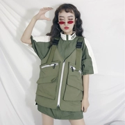 Mùa hè của phụ nữ Hàn Quốc phiên bản của lỏng đoạn dài cá tính nối đứng cổ áo ngắn tay áo sơ mi + dây đeo vest vest