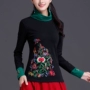 Mùa xuân Trung Quốc phong cách cao cổ áo thêu kích thước lớn đáy áo sơ mi quốc gia phong cách của phụ nữ thêu áo sơ mi cotton dài tay T-Shirt nữ áo phông trơn