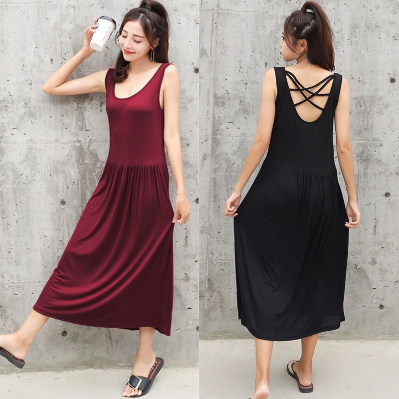 Mùa hè phiên bản Hàn Quốc của váy dài phương thức mới đẹp sau lưng váy dài dây treo váy của phụ nữ váy may váy vest - Váy dài