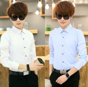 Mùa thu màu rắn nam dài tay áo Hàn Quốc kinh doanh bình thường chuyên nghiệp ăn mặc áo sơ mi trắng inch phù rể quần áo nam quần áo