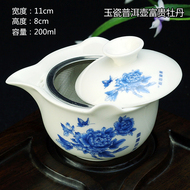Bìa bát trà chén trà bát trà lớn đặt Jingdezhen màu xanh và trắng sứ trà bát gốm sứ trắng ba bát tay grip nồi