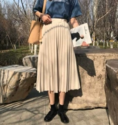 Ins retro tính khí hoang dã màu rắn đàn hồi cao eo xếp li xếp li váy trong chiếc váy dài Hàn Quốc 2018 mùa xuân
