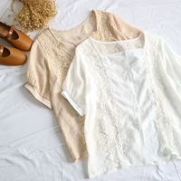 N1-4 Thiên Thần cửa hàng mùa xuân và mùa hè mới ren khâu vuông cổ áo ngắn tay nút áo sơ mi cardigan 42283 sơ mi hồng