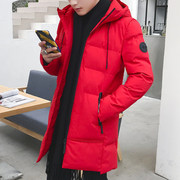Mùa đông áo khoác nam dài áo bông Hàn Quốc phiên bản của tự trồng trọt trùm đầu xuống bông phù hợp với vài bông dày màu đỏ áo khoác