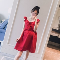 Thai sản mặc 2018 mùa hè mới Hàn Quốc phiên bản của v- cổ bay bay tay áo thời trang phụ nữ mang thai nóng mẹ màu đỏ dài ăn mặc áo ngực cho mẹ bầu