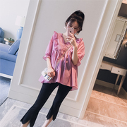 Thai sản mặc 2018 mùa hè mới Hàn Quốc phiên bản của tai bằng gỗ V-Cổ Một phiên bản của búp bê áo sơ mi thời trang phụ nữ mang thai sweet hot mom top