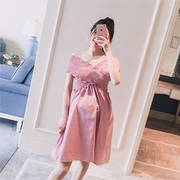 Thai sản mặc 2018 mùa hè ăn mặc mới qua từ cổ áo quây eo tốt eo mỏng thời trang mang thai váy Hàn Quốc