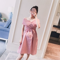 Thai sản mặc 2018 mùa hè ăn mặc mới qua từ cổ áo quây eo tốt eo mỏng thời trang mang thai váy Hàn Quốc váy bầu công sở