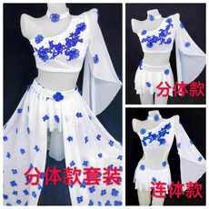 костюм pole dance 钢管舞演出比赛服拍摄写真，宝蓝色花斜肩绣纱烫钻分体款，连体款