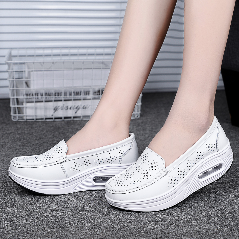 9001 / Hollow Out White2021 spring and autumn Women's Shoes Thick bottom Muffin Slope heel Women's shoes comfortable non-slip Mom shoes white Nurse shoes Rocking shoes