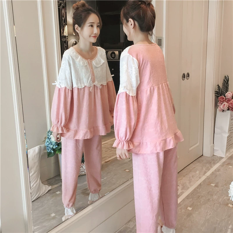 Bộ đồ ngủ dài tay cho phụ nữ cotton mùa xuân và mùa thu hai mảnh có thể mặc bộ đồ phục vụ sinh viên ngọt ngào và tươi mát của Hàn Quốc - Giống cái