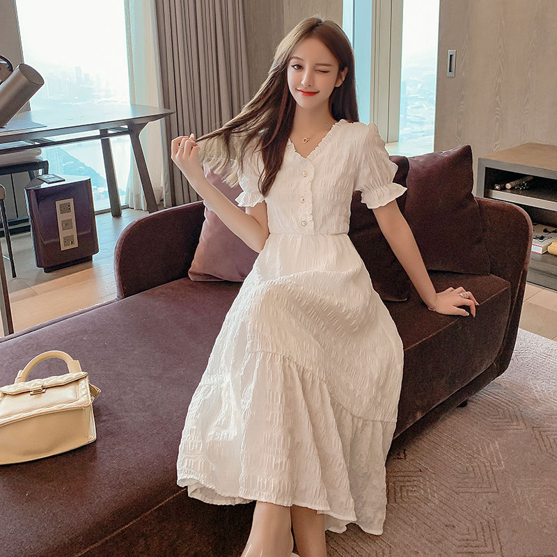 白色连衣裙女夏2020新款时尚气质流行桔梗法式复古仙女长裙小香风