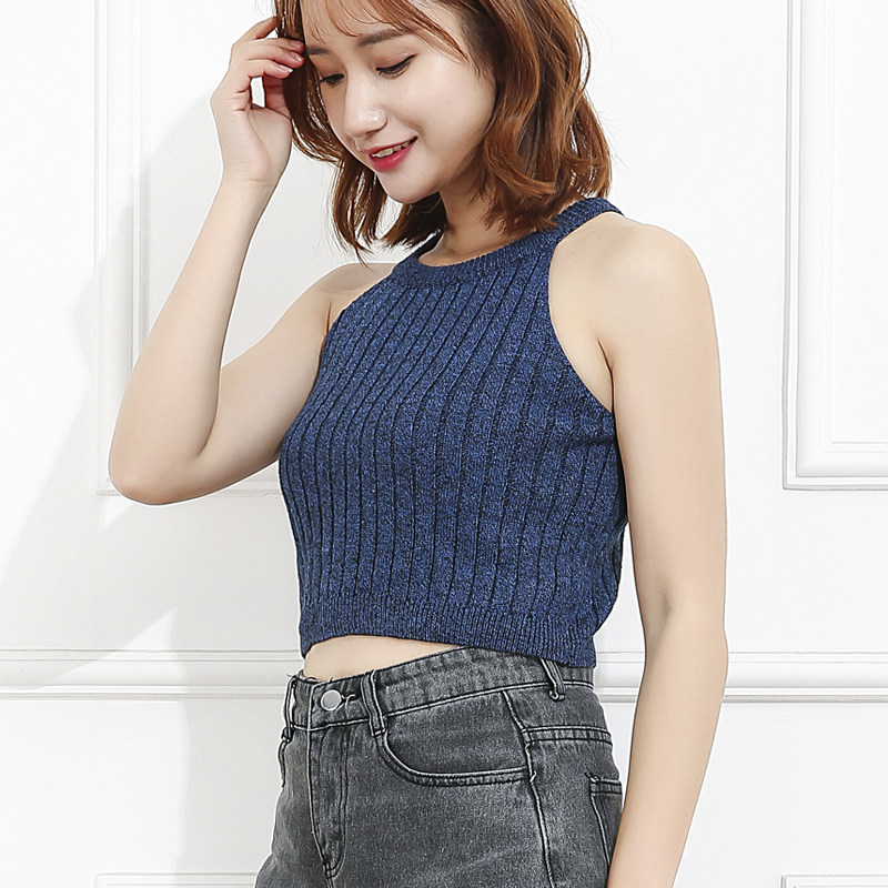 2017新款小清新挂脖圆领套头窄肩打底短款针织吊带毛衣百搭背心女