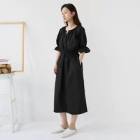 Miki xã hội Nhật Bản đơn giản gió lạnh màu tinh khiết phồng tay áo với eo váy dài chic over the knee dress triều giá váy maxi