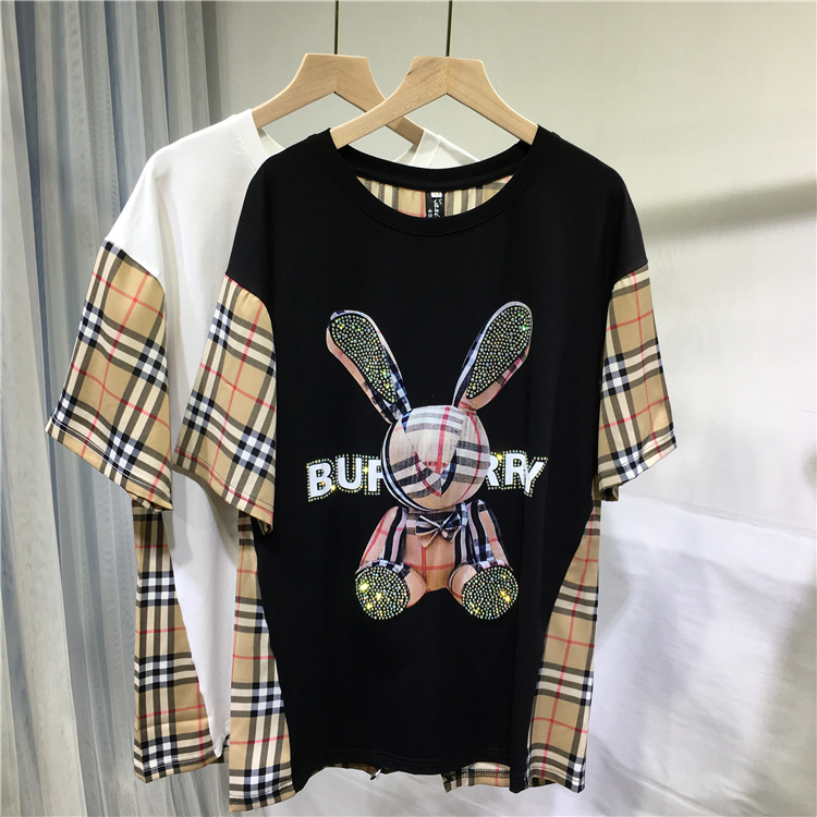 BlackEuropean goods heavy industry Hot drilling new pattern female T-shirt Cartoon lattice Short sleeve Crew neck summer easy Big size jacket Fat mm tide