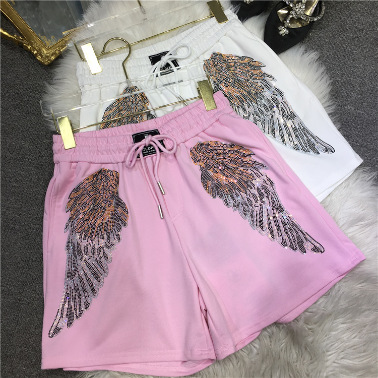 PinkEuropean goods heavy industry Hot drilling shorts 2021 new pattern ma'am wing shorts Show thin easy leisure time Thin Wide leg pants