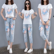 Trạm châu âu 2018 mùa xuân và mùa hè mới của phụ nữ hoa T-Shirt + jeans giản dị hai mảnh thời trang phù hợp với nữ triều