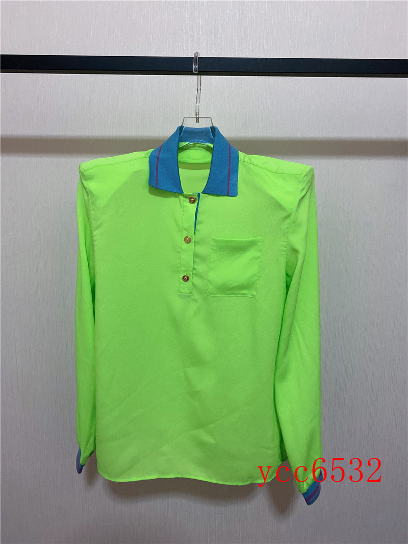 Fluorescent Green2021 early spring new pattern still Foreign style blue jacquard weave Hem Ruffles Frill puff sleeve elastic force leisure time shirt