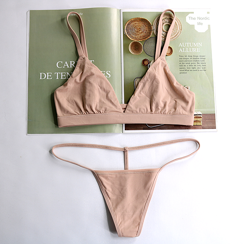 Coffee Skin Color (Suit)New products foreign trade Europe and America Thin soft Sanding Wireless  Triangle cup Bra Set  sexy Small chest Female underwear