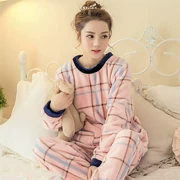 Đồ ngủ nhung san hô nữ mùa thu đông dày cỡ lớn phiên bản Hàn Quốc của bộ đồ flannel tay dài ngọt ngào và đáng yêu