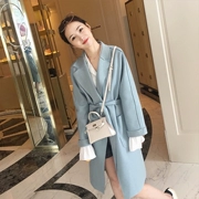 2018 mùa xuân và mùa thu mới của Hàn Quốc phiên bản của ve áo trong đoạn dài trên đầu gối áo len chic tính Sen eo áo khoác nữ