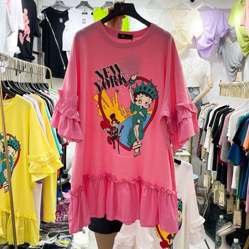 Pink [Physical Wholesale]European station 2021 summer new pattern Cartoon printing Splicing Medium and long term Short sleeve T-shirt Dress jacket female ins tide