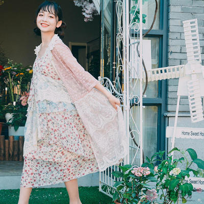 taobao agent Retro shiffon long dress, floral print, high waist, mid-length, maxi length