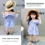2018 Amoi Cô Gái Sling Tắt Vai Váy Hàn Quốc phiên bản của triều cô gái trẻ bé sọc nút ăn mặc trẻ em váy váy công chúa cho bé