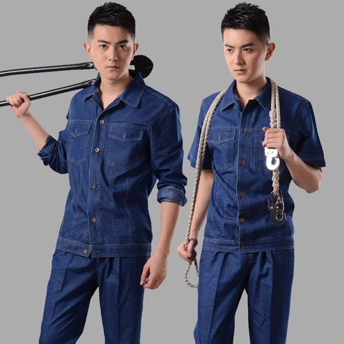 Тонкая джинсовая трудовая одежда для рабочей одежды для мужчин для мужской спортивной одежды для летних и коротких рукавов может быть напечатана и вышита логотип