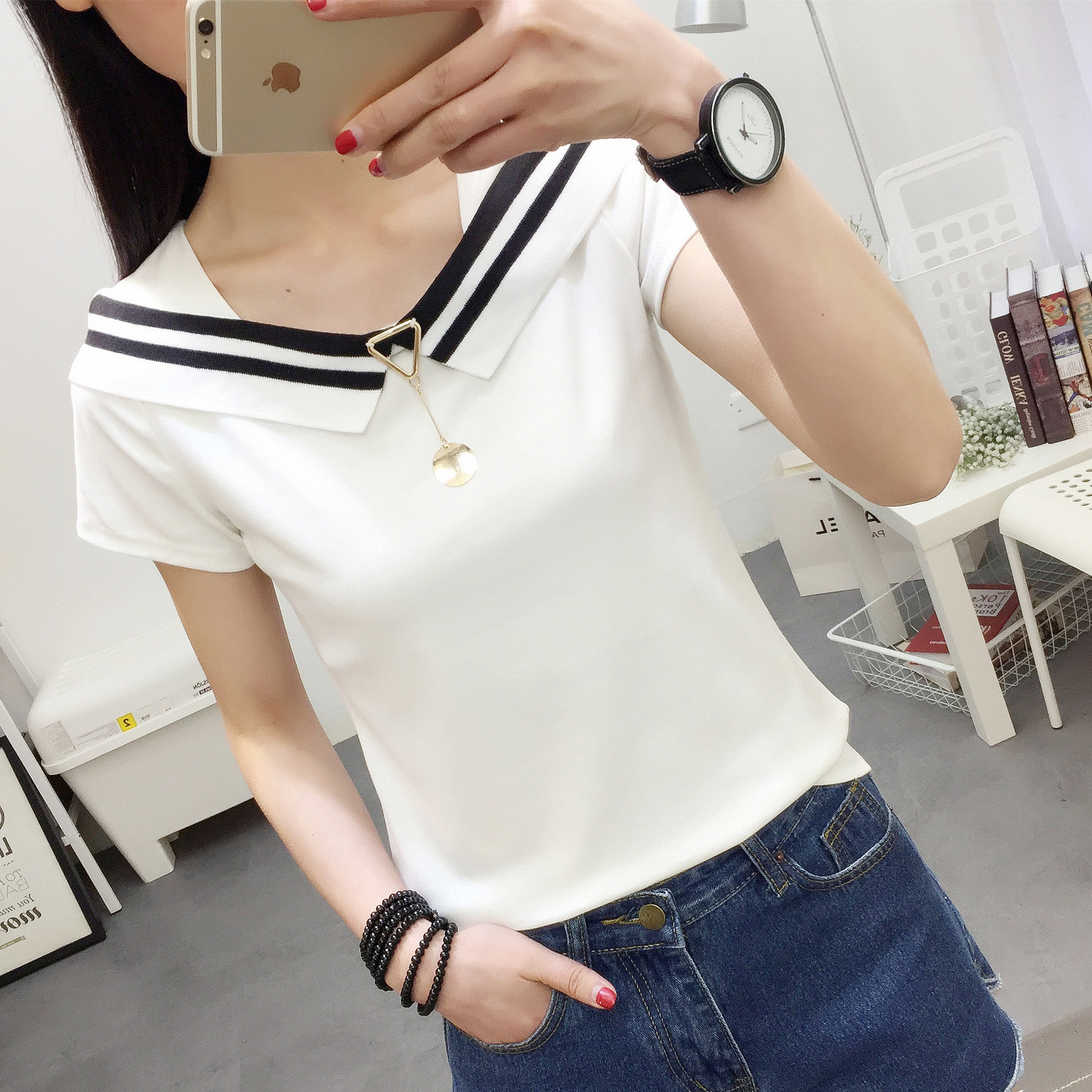 时尚house 实拍1001#短袖t恤女 学院风一字领百搭 半袖体恤棉上衣