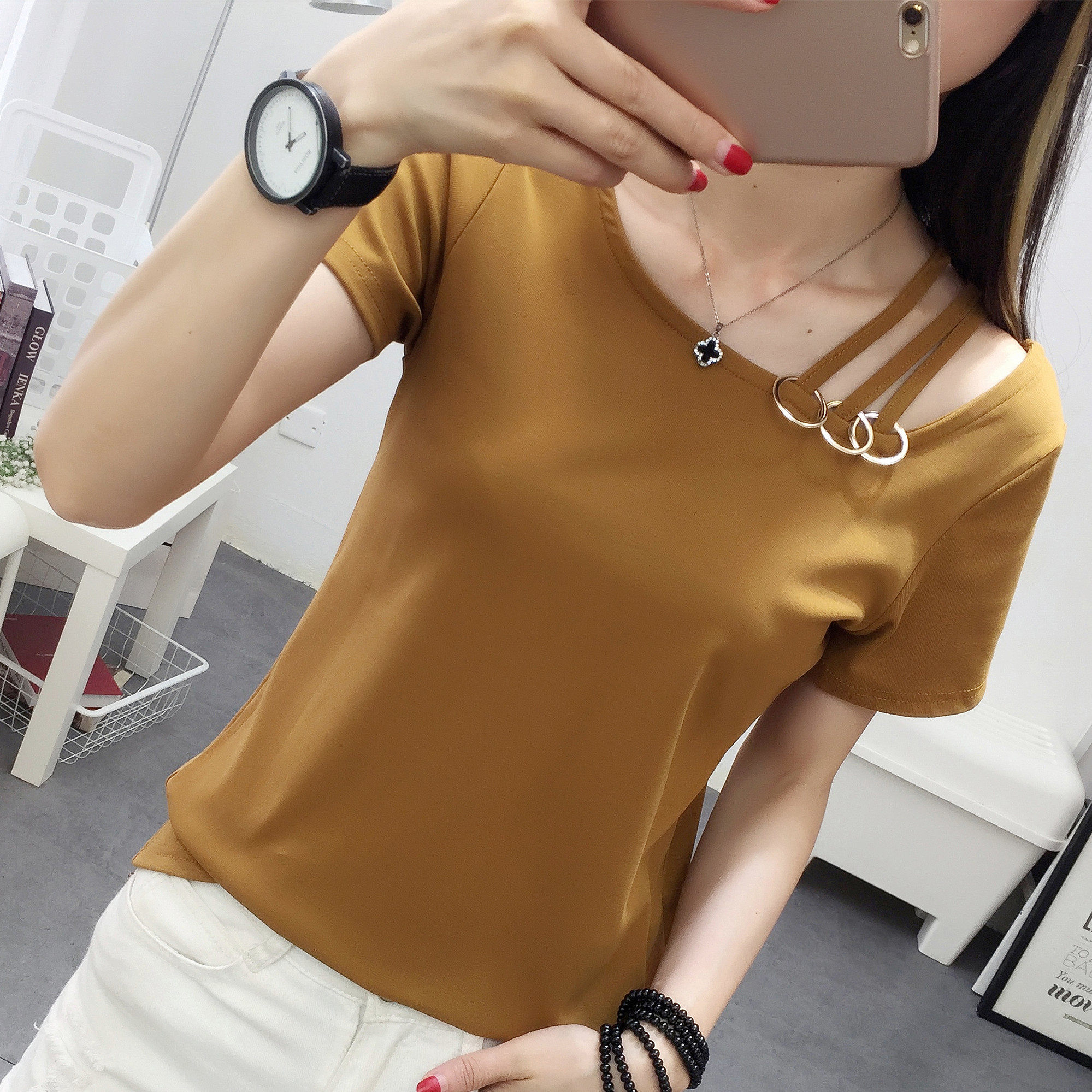 时尚house实拍1041#短袖t恤女 2018韩范小清新夏装百搭纯色棉上衣