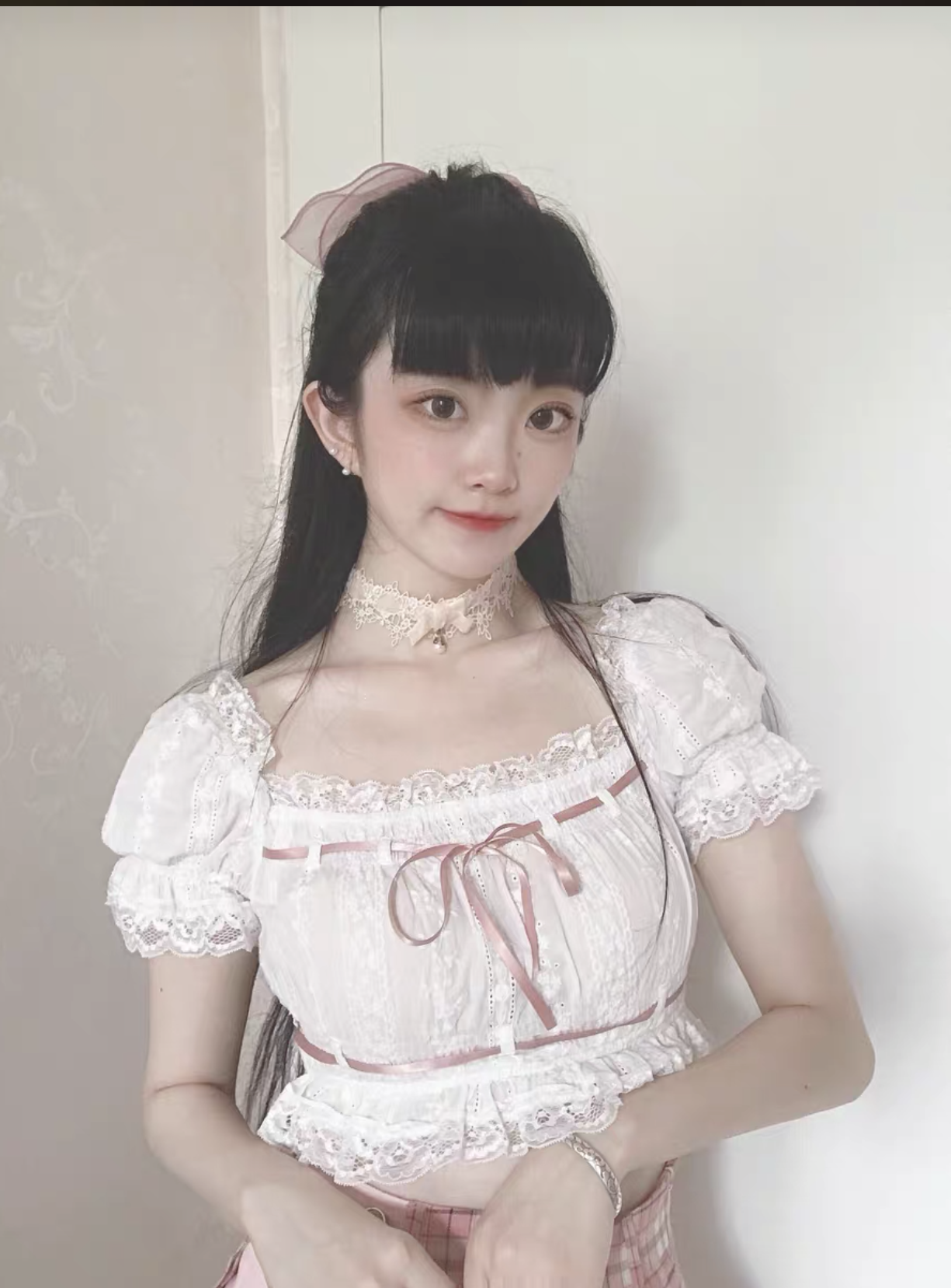 White Pinksolar system Soft girl lovely Harajuku Sweet cool handsome Academic atmosphere jk lattice Close your waist Show thin camisole lace skirt
