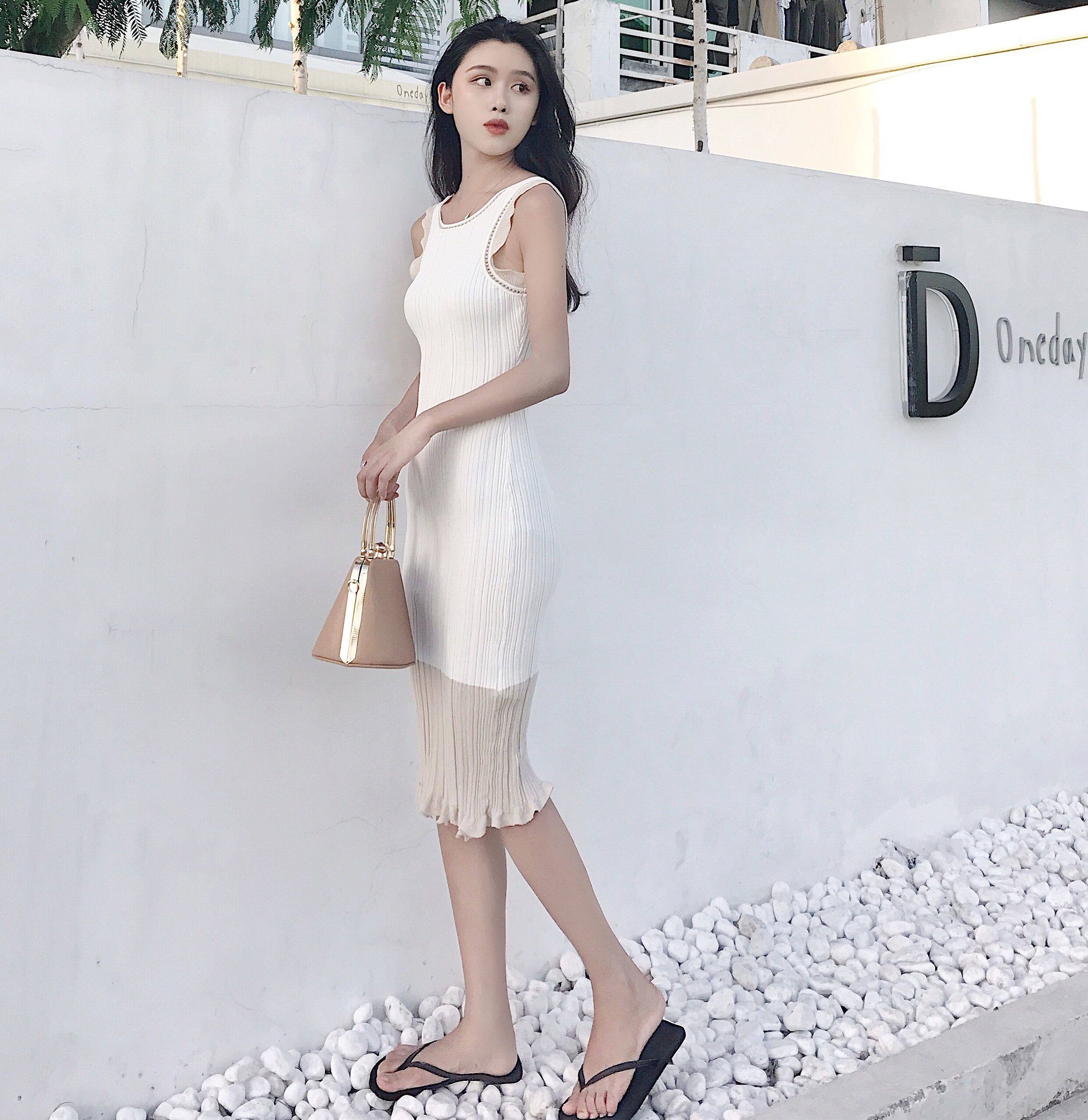 实拍709#仙女款修身显瘦小清新少女款露背针织漏背连衣裙