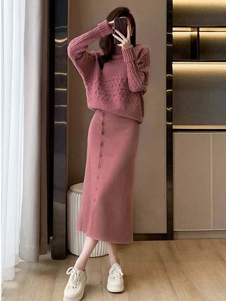 2023秋の新作香風港風レトロ厚手セレブセーター冬服高級感スカート2枚セット女