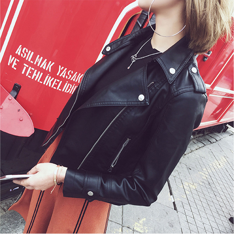 Da phụ nữ đoạn ngắn mùa xuân và mùa thu pu leather jacket thời trang Hàn Quốc kích thước lớn cơ thể phụ nữ ve áo xe máy sinh viên áo khoác da