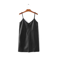 Осенняя демисезонная сексуальная черная полиуретановая юбка, платье-комбинация, платье, по фигуре, V-образный вырез