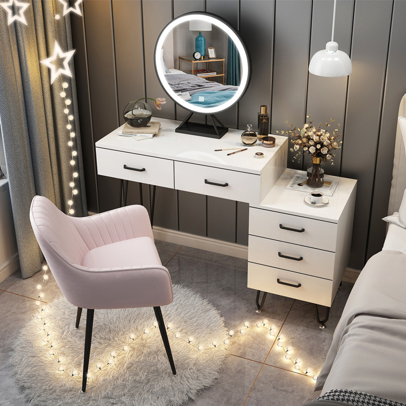 Black 70 Table + Three Color LED Mirror + Net Red Chair + CabinetNorthern Europe dresser bedroom Internet celebrity Ins wind Modern simplicity Large-sized apartment Dressing table female small-scale dresser With lamp