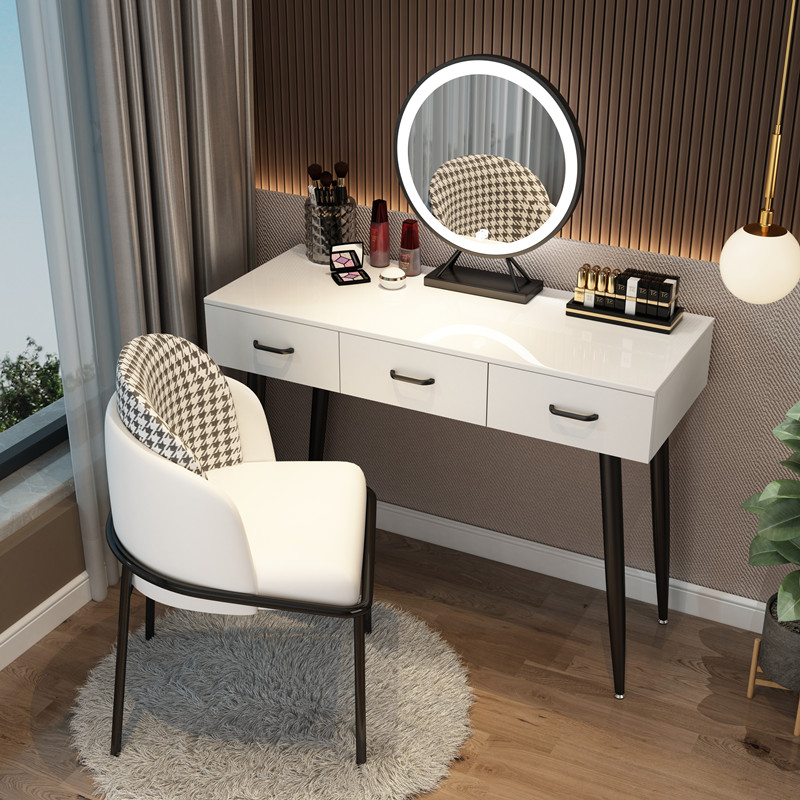 Black Steel Pipe Leg 100 + Three Color LED Mirror + Thousand Bird ChairNorthern Europe dresser bedroom Internet celebrity Ins wind Modern simplicity Large-sized apartment Dressing table female small-scale dresser With lamp