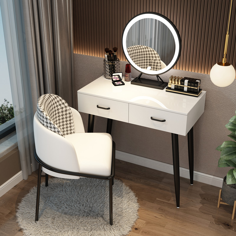 Black Steel Pipe Leg 80 + Three Color LED Mirror + Thousand Bird ChairNorthern Europe dresser bedroom Internet celebrity Ins wind Modern simplicity Large-sized apartment Dressing table female small-scale dresser With lamp