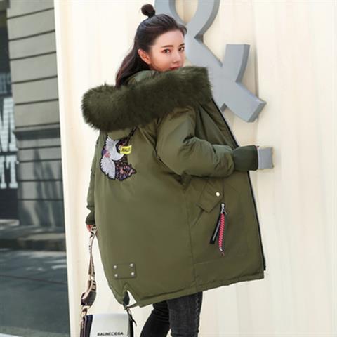 Army Green + Army Green Fur CollarOut of season Cotton female Medium and long term 2021 new pattern cotton-padded clothes  student Korean version easy thickening Big size cotton-padded jacket loose coat